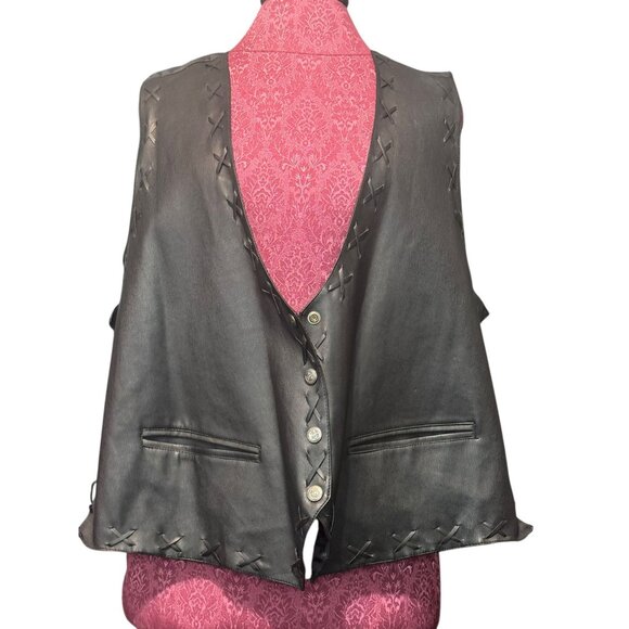 Plus Factor Black Faux Leather Vest Biker Lace-Up Snap Front - Picture 3 of 14